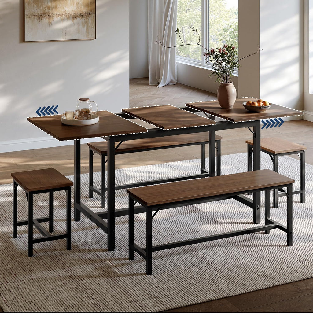 Tatub 5-Piece Dining Table Set for 4-8, 63" Extendable Dining Room Table with 2 Benches and 2 Square Stools, Space Saving Rectangle Kitchen Table Set for Breakfast Nook and Small Space, Walnut