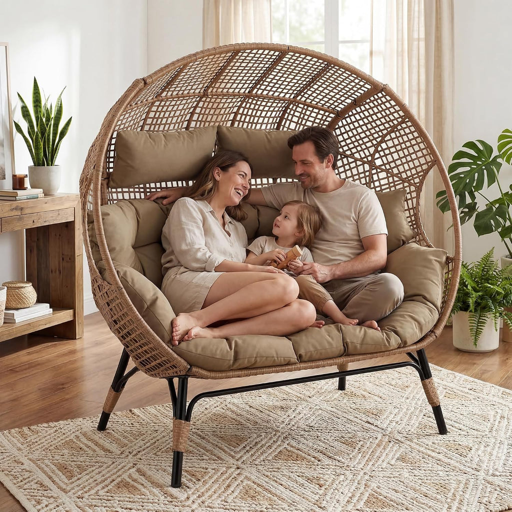 RADIATA 2-Person Double Egg Chair, 57.1" Extra Wide Outdoor Wicker Loveseat with 6.5" Thick Cushion, 600 lbs Capacity Oversized Lounge Chair for Patio, Porch, Backyard,Balcony or Indoor Use,Brown