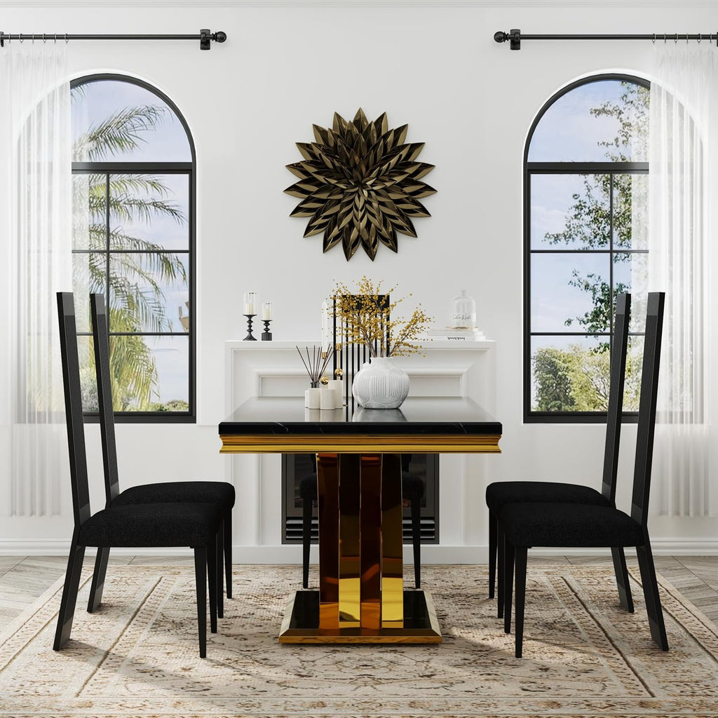 Modern Black Dining Chairs Set of 4, Upholstered High Back Dining Chairs with Stainless Steel Backrest and Legs, Luxury Dining Room Chairs for Kitchen Living Room Restaurant
