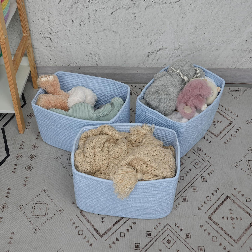Cotton Rope storage Basket Bins Woven Basket for Organizing Shelves Rectangle Decorative Baskets For storage 3 pack (light blue)