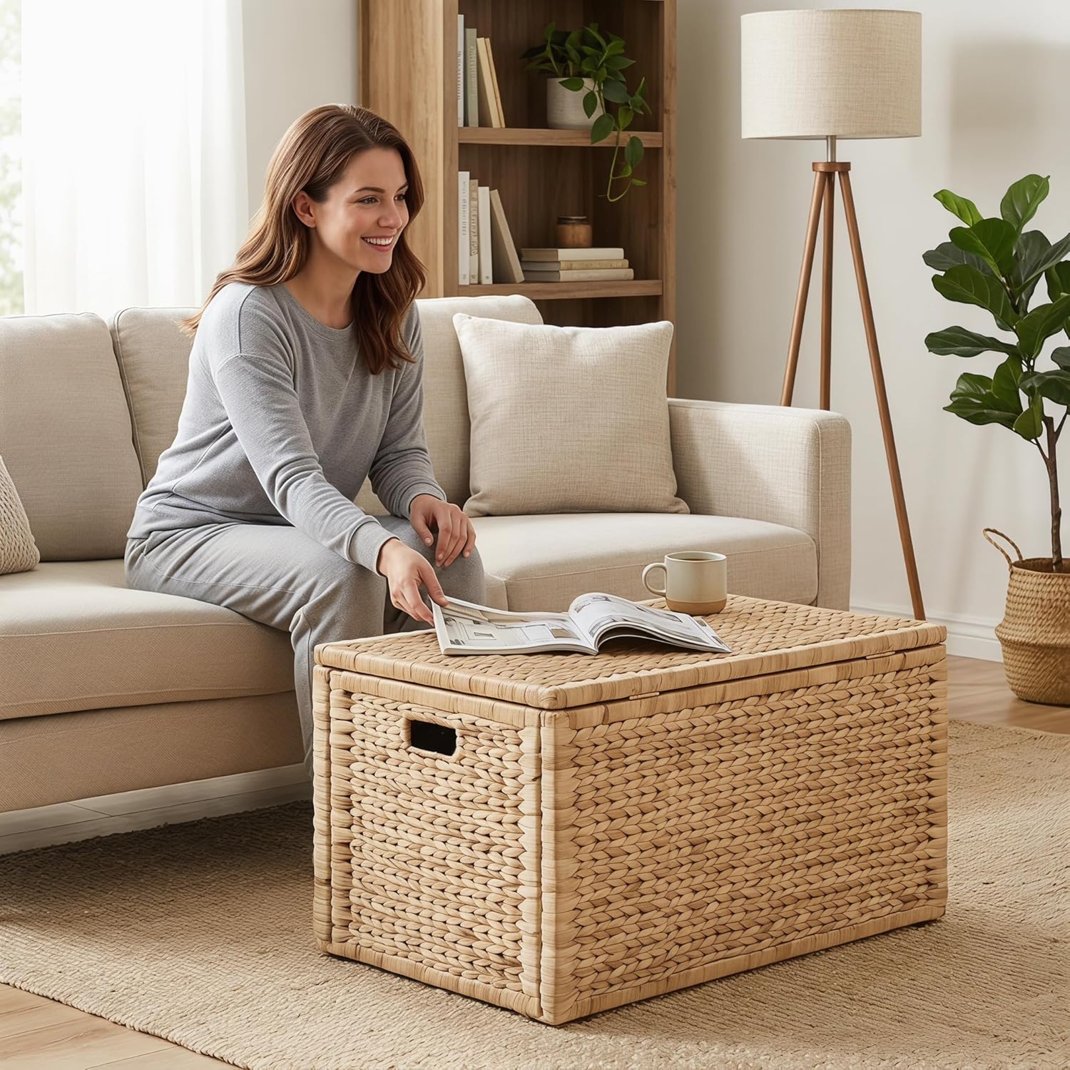 Handwoven Water Hyacinth Storage Trunk: Heavy Duty Metal Frame Wicker Chest Box 42×20×18.5in Natural Finish for Home Decor & Space Saving