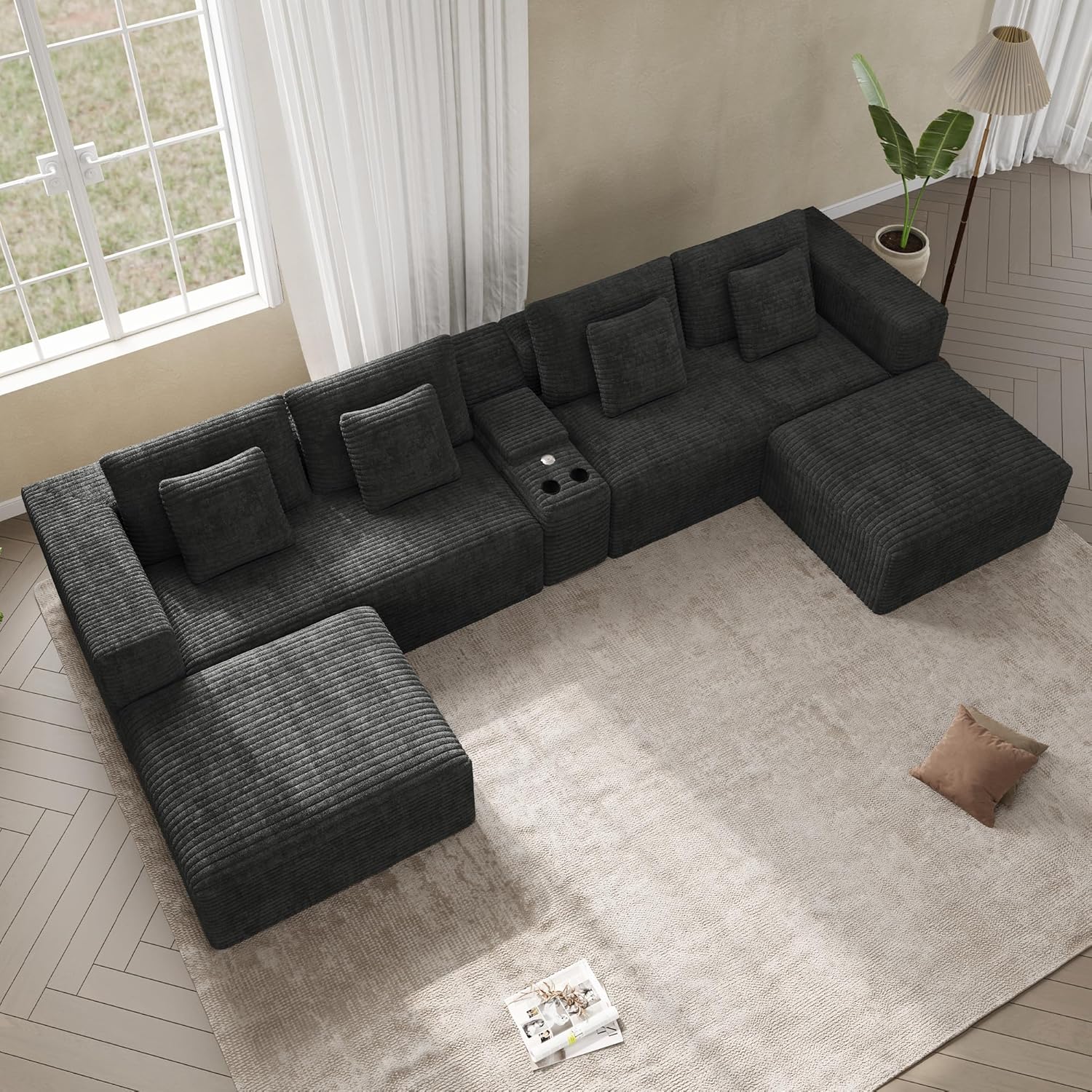 151" U Shaped Cloud Sectional Couch Modular Sofa, Comfy Oversized Boneless Couches for Living Room, Plush Corduroy Sectional Sofa Set with Ottoman Storage Console USB, Olive Dark Gray