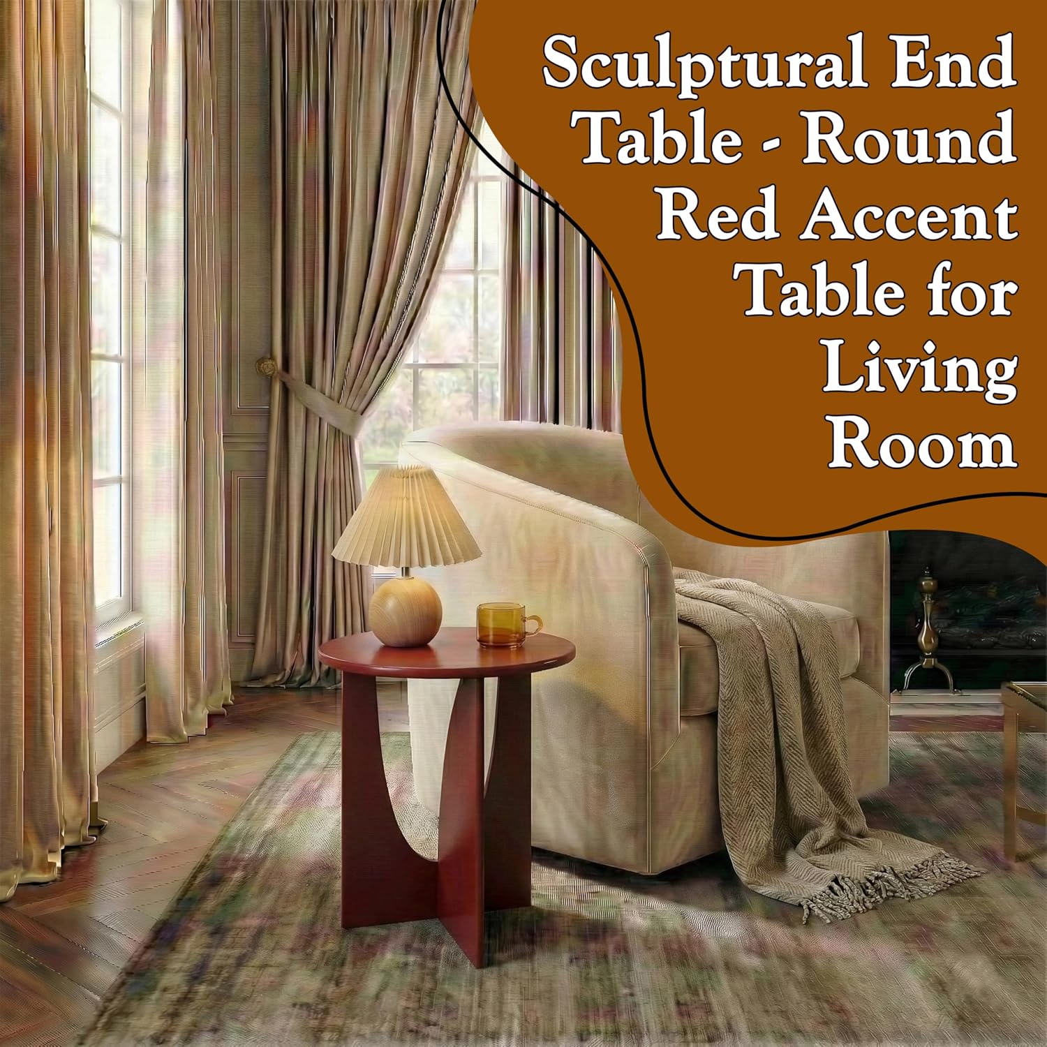 KB Designs - Side End Table Modern Round Wood Accent Table with Sculptural U Shaped Base Compact Furniture for Living Room Bedroom Office Side Table for Small Spaces Home Decor Accent (Red)