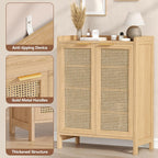 Rattan Shoe Storage Cabinet, 5-Tier Shoe Cabinet for Entryway, Wooden Shoe Rack Organizer with Doors and Adjustable Shelves, for Entryway, Hallway, Living Room, Natural Oak