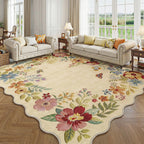 FMFUNCTEX 8x10 Floral Washable Area Rug Beige Neutral Vintage Flower Botanical Cottage Boho Cream Scalloped Soft Non Slip Low Pile Large Indoor Thin Carpet for Living Room Bedroom Dining Room Nursery