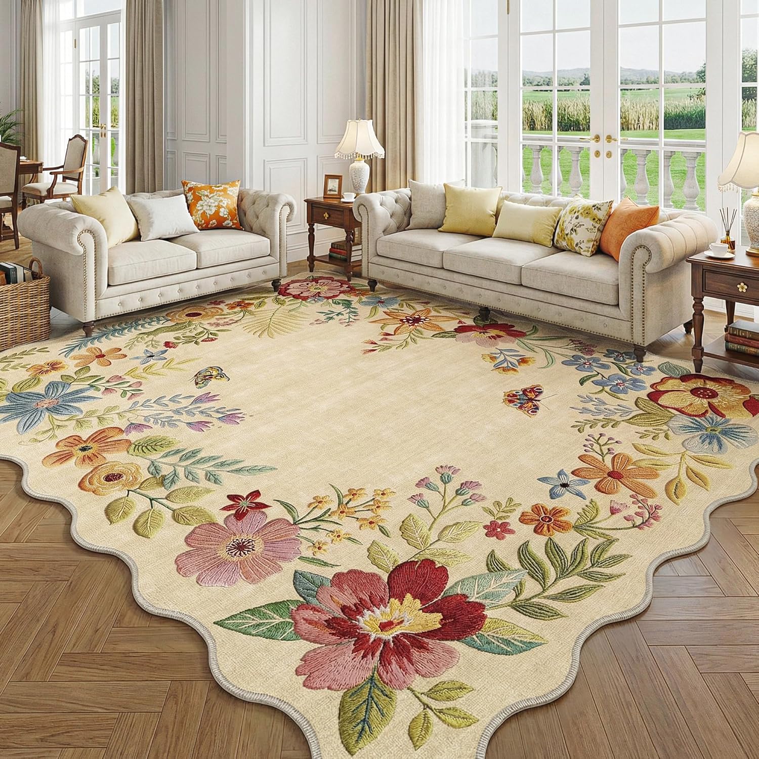 FMFUNCTEX 8x10 Floral Washable Area Rug Beige Neutral Vintage Flower Botanical Cottage Boho Cream Scalloped Soft Non Slip Low Pile Large Indoor Thin Carpet for Living Room Bedroom Dining Room Nursery