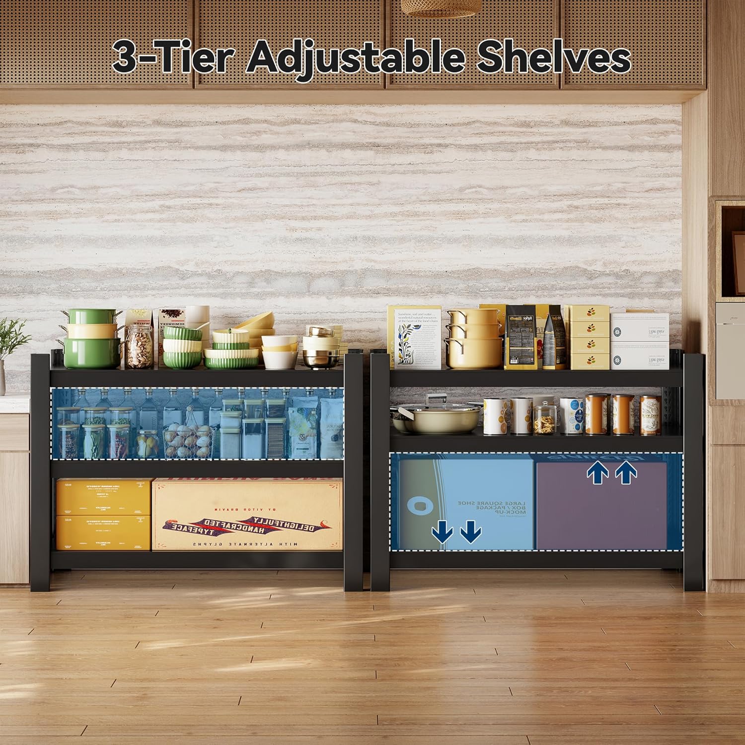 Wanfu Garage Shelving, 3 Tier Shelving Unit, 36" H x 36" W x 16" D Metal Storage Shelves, Adjustable Heavy Duty 3 Tier Shelf for Garage, Pantry, Kitchen, Basement-Black