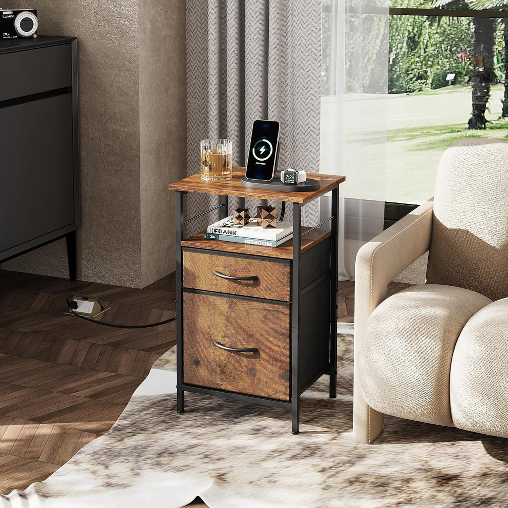 WLIVE Night Stand Set 2, Nightstand with Charging Station, Bedside Tables for Bedroom, Side Table with Fabric Drawers, USB Ports and Outlets, Rustic Brown