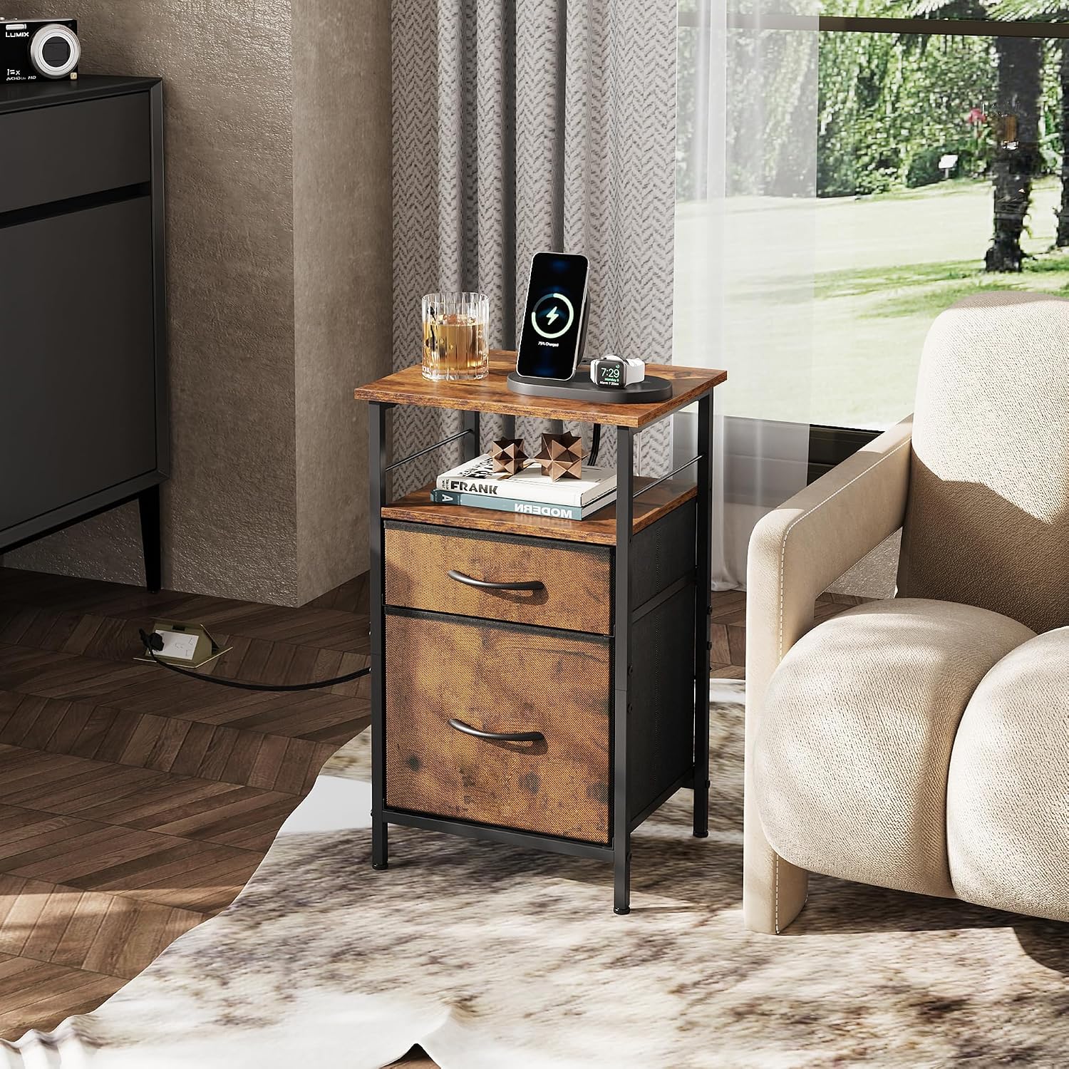 WLIVE Night Stand Set 2, Nightstand with Charging Station, Bedside Tables for Bedroom, Side Table with Fabric Drawers, USB Ports and Outlets, Rustic Brown
