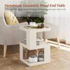 COZAYH Farmhouse Geometric Wood End Table, Distressed Accent Side Table with Two Storage Space, 3-Layer Cube Design for Bedroom, Living Room, Entryway, White