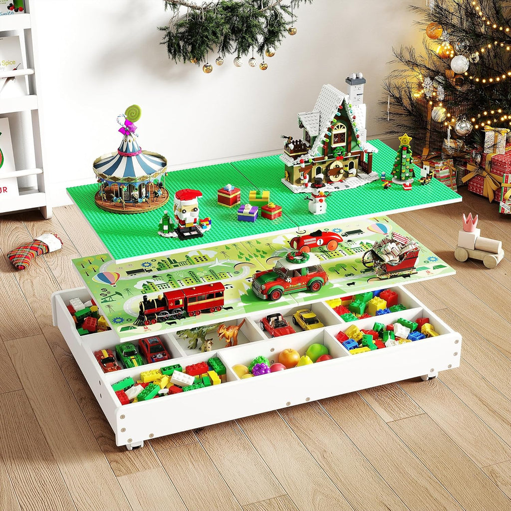 GITAWUSA 3-in-1 Construction Play Table with Storage Compatible with Lego, Rolling Kids Activity Table, Double Sided Desktop, Train Table for Toddlers 3-8, Convenient Storage Under the Bed and Sofa