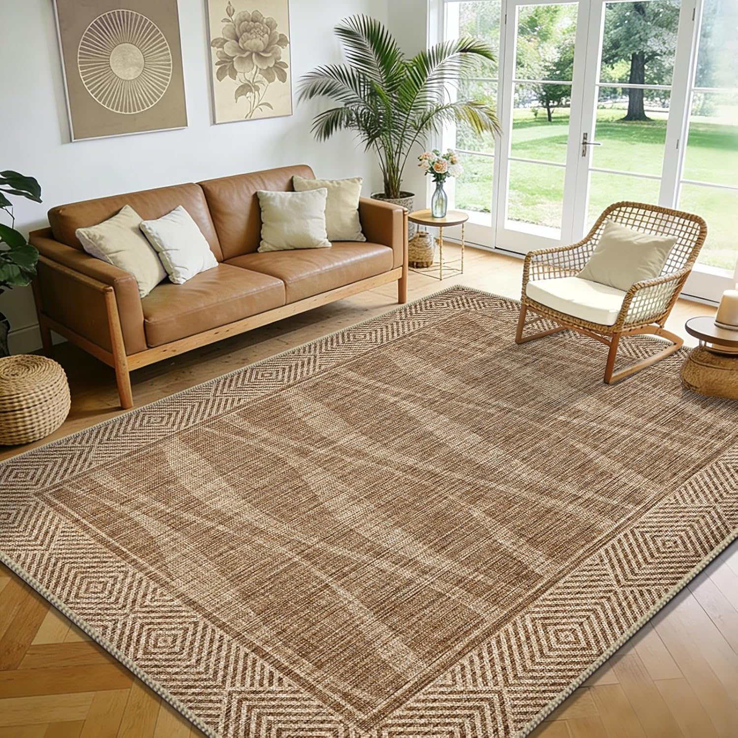 Jute Rug 5x7 Outdoor Patio Rug with Border, Washable Rugs for Living Room, Farmhouse Non Slip Area Rugs with Rubber Backing Indoor Outdoor, Non Shedding Carpet for Bedroom, Courtyard, Light Brown