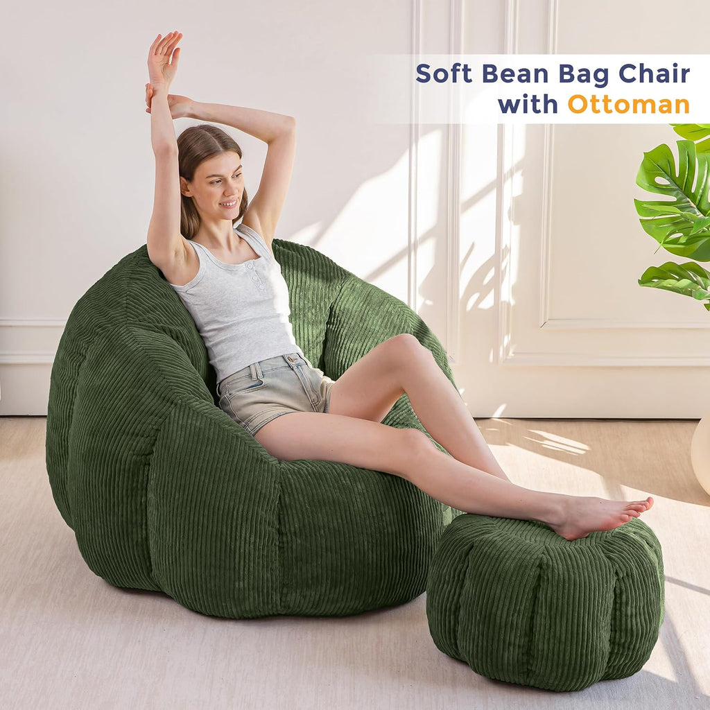 MAXYOYO Giant Bean Bag Chair with Ottoman, Pumpkin-Shaped Bean Bag Sofa with Footstool, Oversized Boneless Couch Chair in a Box, Comfy and Lazy Lounge for Dorm, Living Room, Bedroom, Green