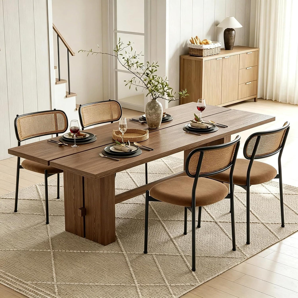 Rattan Dining Chairs Set of 6, Velvet Mid-Century Modern Upholstered Dining Chairs with Woven Cane Backrest, Brown Kitchen Dining Room Chairs