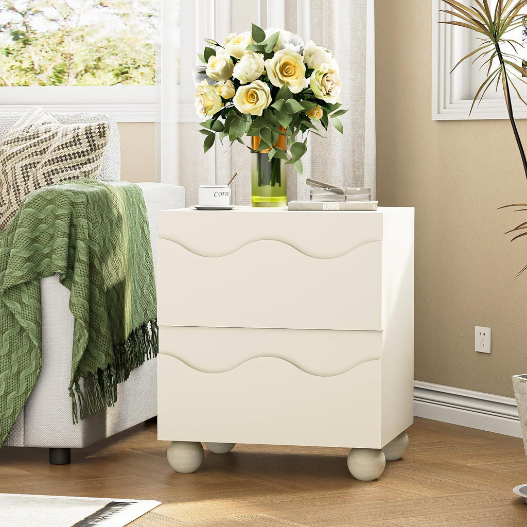 Anbuy Beige Nightstand Set of Two, Modern Night Stand Set of 2 with 2 Drawers for Bedroom, Side End Table with Hidden Handles Scalloped Bedside Night Tables with Solid Wood Legs