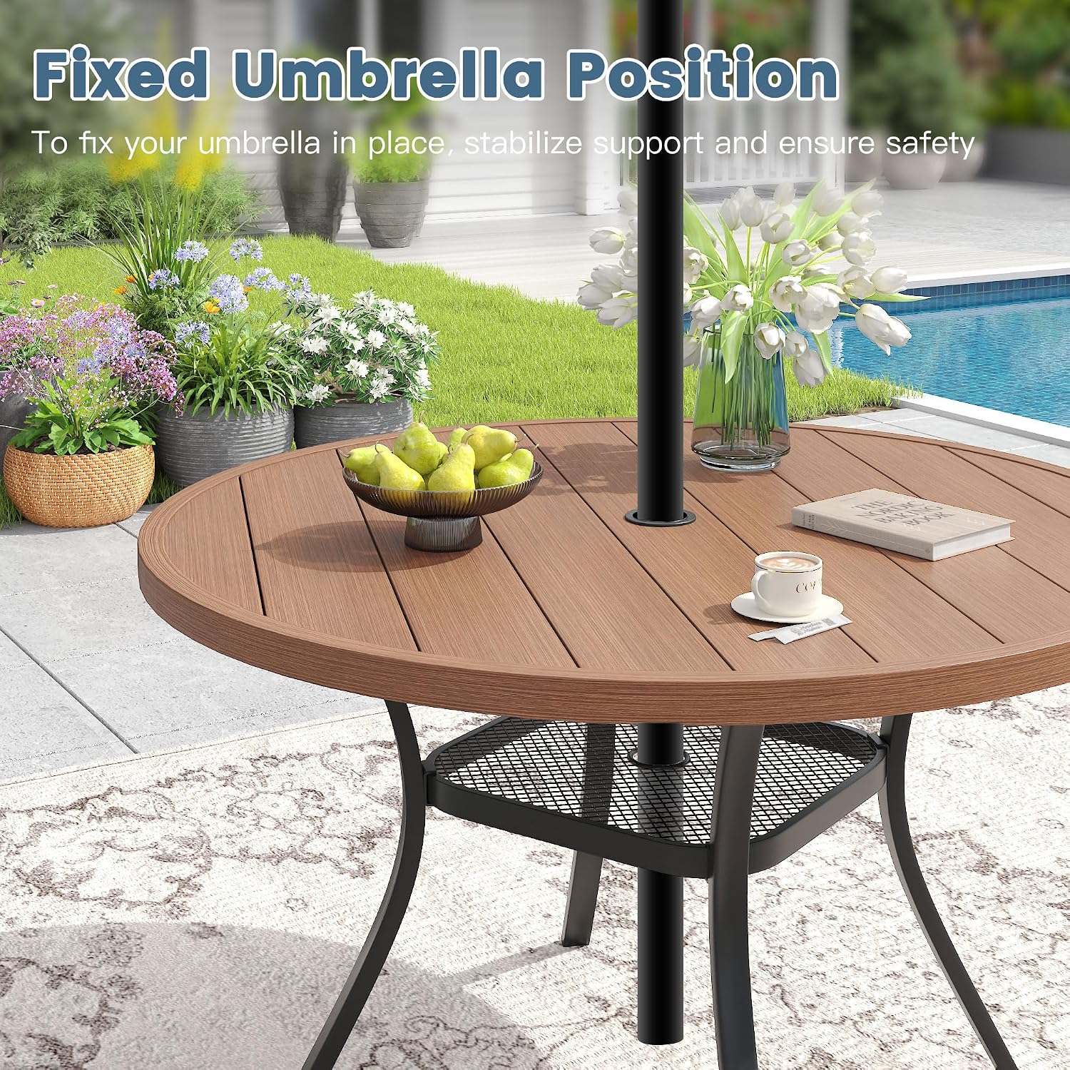DIFY 48" Round Patio Dining Table for 6, All Weather Round Outdoor Metal Dining Table with 1.57" Umbrella Hole, Perfect for Backyard Lawn Garden, Walnut