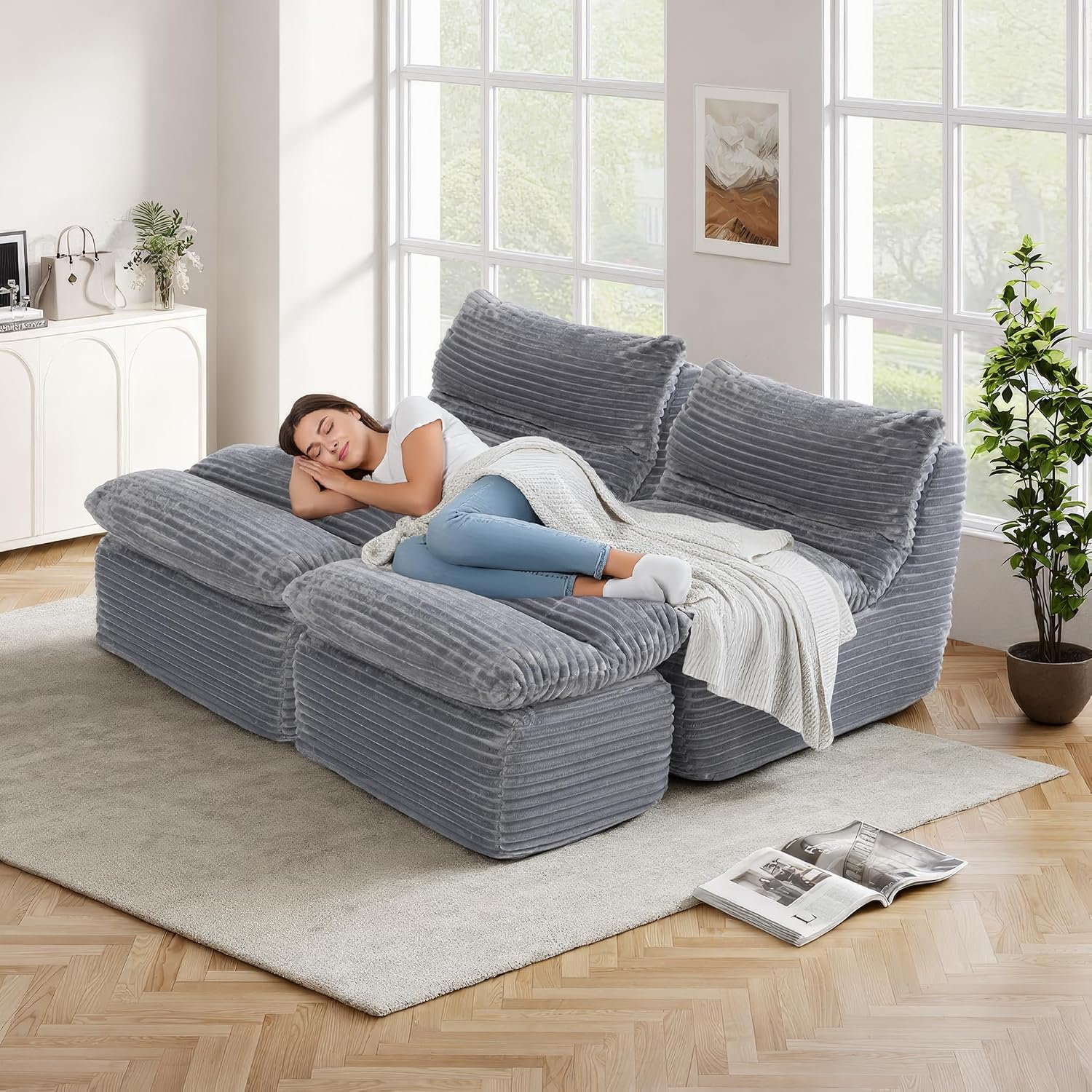 COLAMY Bean Bag Chair, Lounge Chair with Removable Ottoman for Adults, Comfy Fabric Sofa Bed Couch with Memory Foam, Backrest for Living Room, Office, Bedroom, Grey
