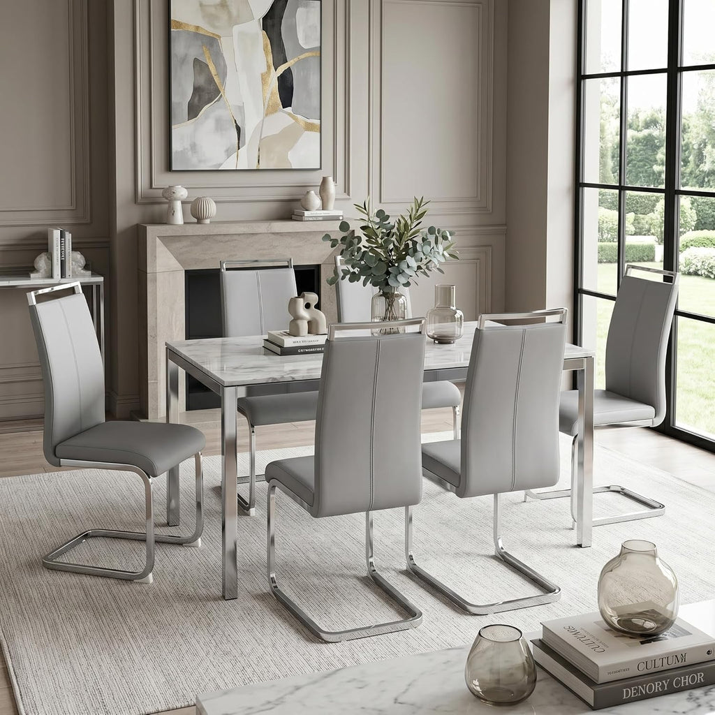 gopop Dining Chairs Set of 6, Faux Leather with Plated Chrome Metal Frame, Modern Kitchen Chairs with Padded Seat High Back for Dining Room, Kitchen, Living Room