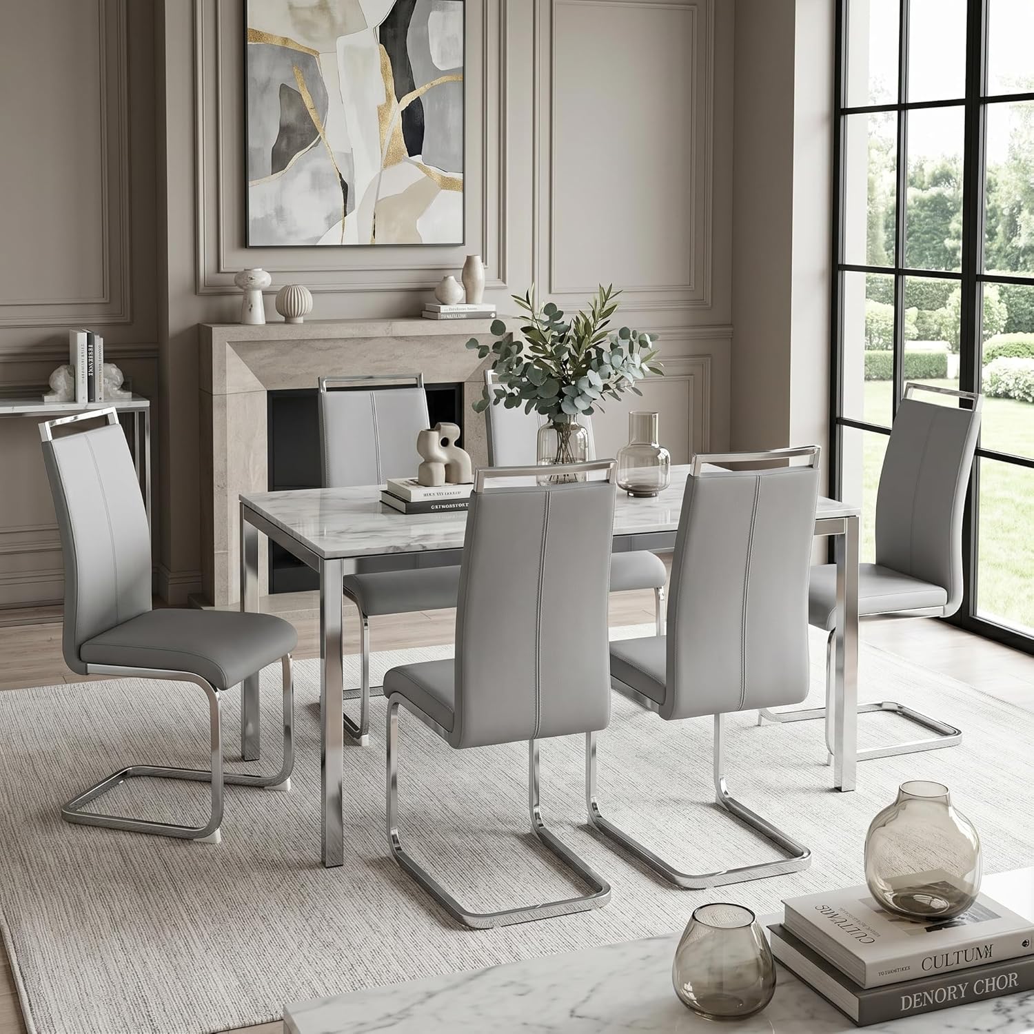 gopop Dining Chairs Set of 6, Faux Leather with Plated Chrome Metal Frame, Modern Kitchen Chairs with Padded Seat High Back for Dining Room, Kitchen, Living Room