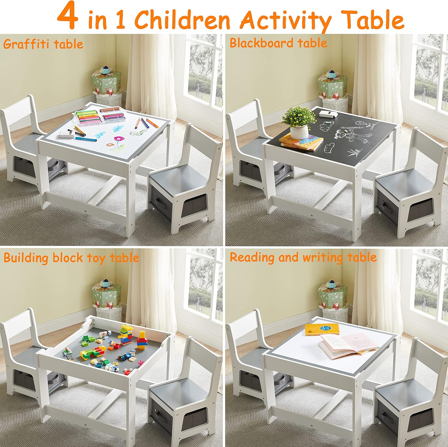 GTOLV Kids Table and Chair Set, 3 in 1 Wooden Activity Table with Storage Drawer for Toddlers Drawing, Reading, Crafts, 2 in 1 Detachable Tabletop Table Set for Nursery, Playroom (Gray)