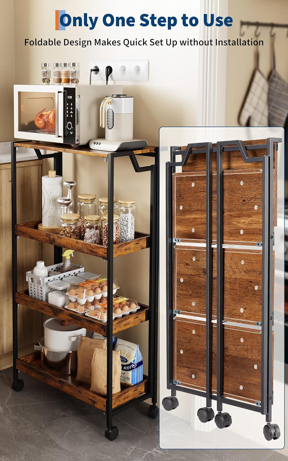 Garvee Large 4-Tier Wooden Folding Storage Shelf Cart with Locking Wheel, Expandable Kitchen Organizer Rack, 100 Lbs Loading Heavy Duty Garage Shelving, Easy Foldable No Assembly Required