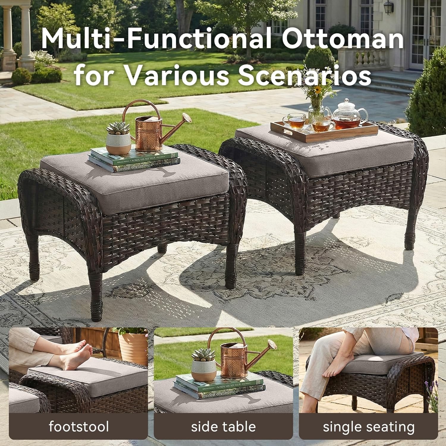 Outdoor Ottomans for Patio Foot Rest - 25 Inch PE Wicker Foot Stool Set of 2 with Removable Cushions for Patio Furniture Sets,All Weather Rattan Ottoman for Balcony Deck Blue/Gray