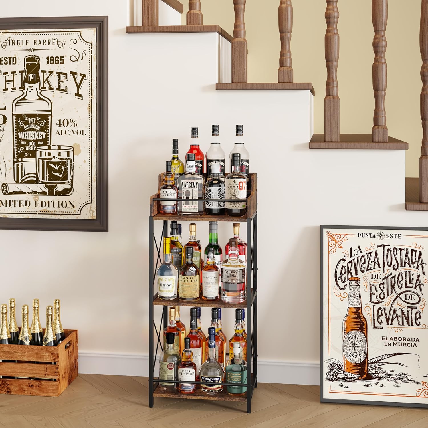 KLM Liquor Bottle Display Shelf, Coffee Syrup Rack Organizer, 3 Step Countertop Wine Rack, Mini Bar, Retro Bar Shelf Stand for Whiskey, Spirits.(Brown)