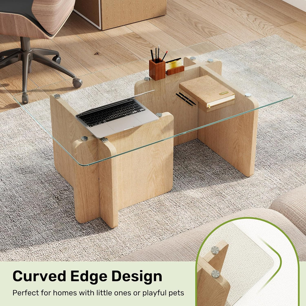 Miereirl Modern Glass Coffee Table, Rectangle Coffee Table Glass Top with Sturdy Wooden Base, Small Glass Wood Coffee Table for Living Room, Apartment, Office, Easy Assembly (Natural)