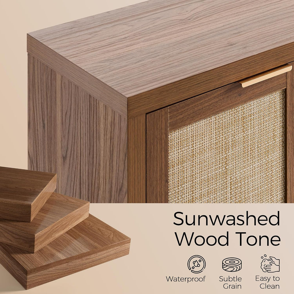 OAKHAM HOME 4 Door Rattan Sideboard Buffet Cabinet with Adjustable Shelves 61" Boho Farmhouse Storage Credenza for Living Room Kitchen & Entryway, Brown Wood Finish