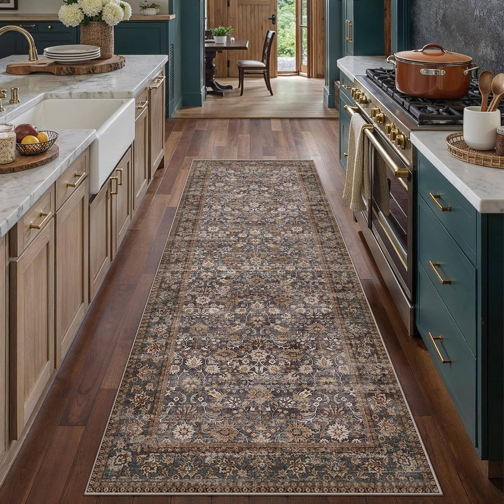 HUGEAR 2x6 Runner Rug Machine Washable Tradition Brown Hallway Area Rugs Indoor Accent Rugs Floral Low Pile Carpet Distressed Throw Rug Bedroom Living Room Office Dining Kitchen Laundry Non Slip
