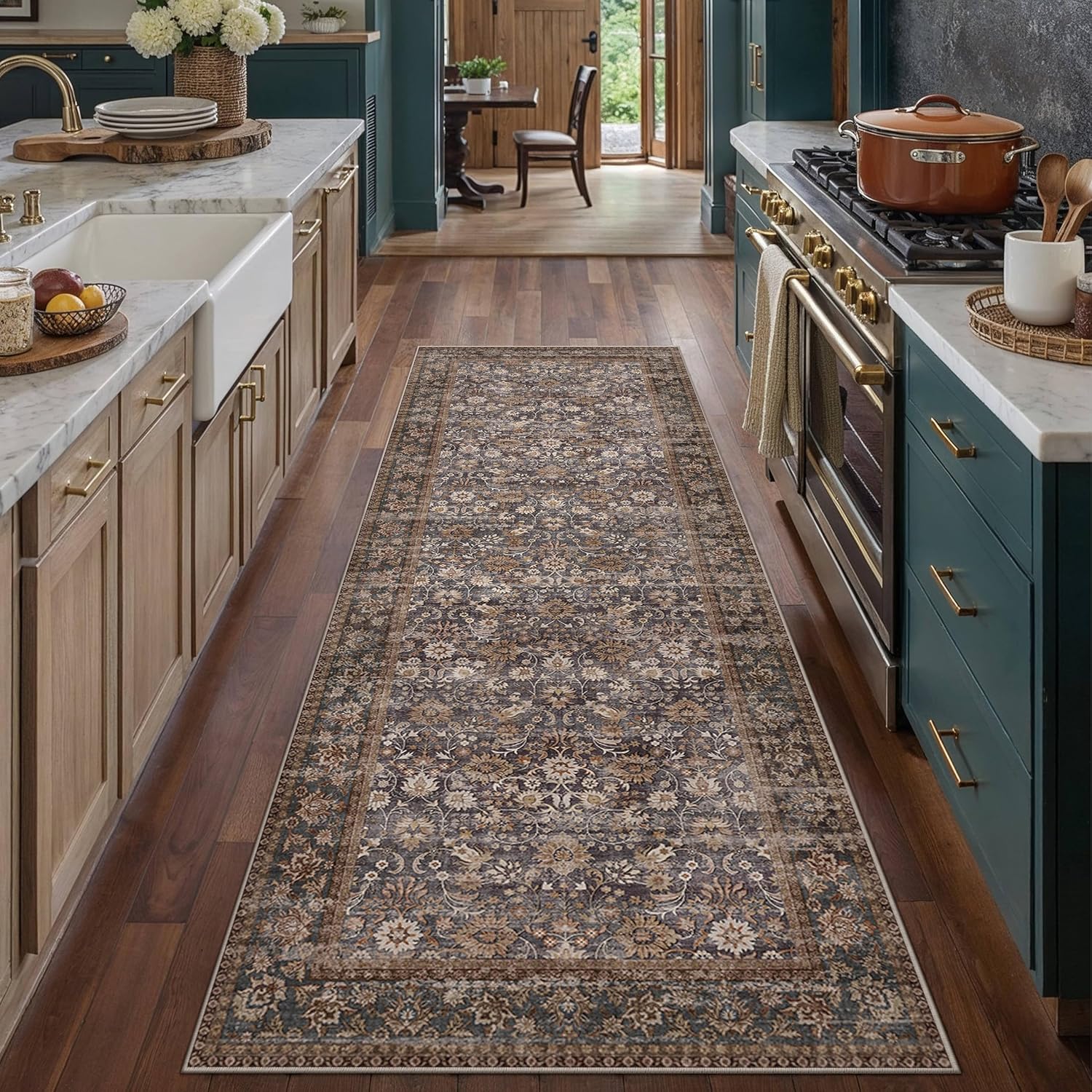 HUGEAR 2x6 Runner Rug Machine Washable Tradition Brown Hallway Area Rugs Indoor Accent Rugs Floral Low Pile Carpet Distressed Throw Rug Bedroom Living Room Office Dining Kitchen Laundry Non Slip