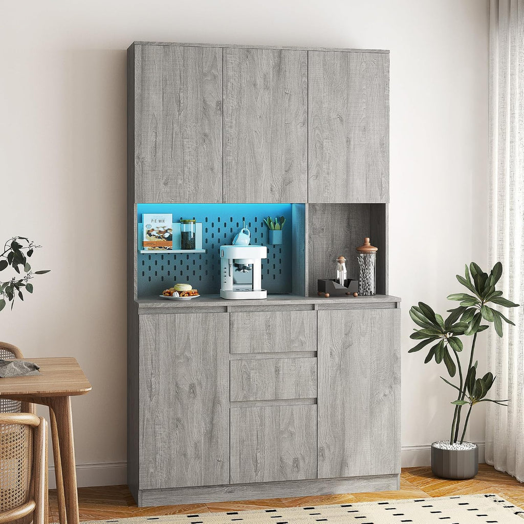 Kitchen Pantry Cabinet with Charging Station,Buffet Cupboards Sideboard with Drawer,with LED Lights,Modern Pantry Cabinet with Microwave Stand for Kitchen,Dinning Room,Living Room,15.74 * 43.66 * 74