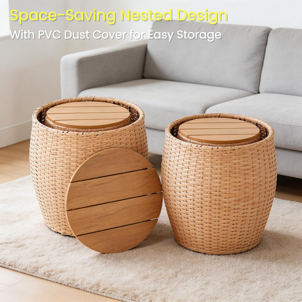 Wicker Side Table Set of 2, Round End Tables with Storage Basket, Multifunctional Barrel Side Tables for Living Room, Bedroom, Laundry