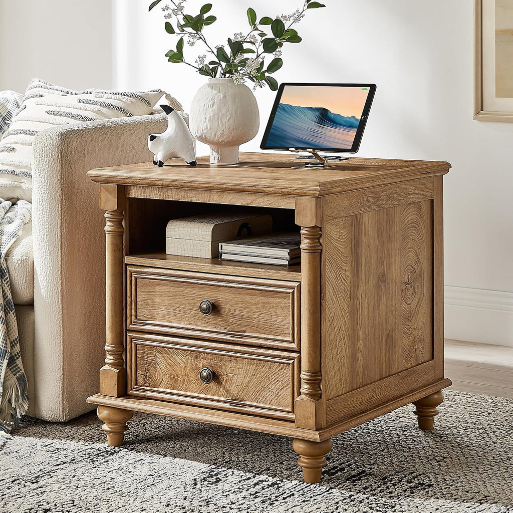 T4TREAM 24'' Farmhouse End Table w/4 Solid Wood Feet, Large 2 Drawers Wide Sofa Side Table with Charging Station, Tall Rustic Wood Square Nightstand for Living Room, Bedroom, Office, Light Tree Knot