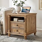 T4TREAM 24'' Farmhouse End Table w/4 Solid Wood Feet, Large 2 Drawers Wide Sofa Side Table with Charging Station, Tall Rustic Wood Square Nightstand for Living Room, Bedroom, Office, Light Tree Knot