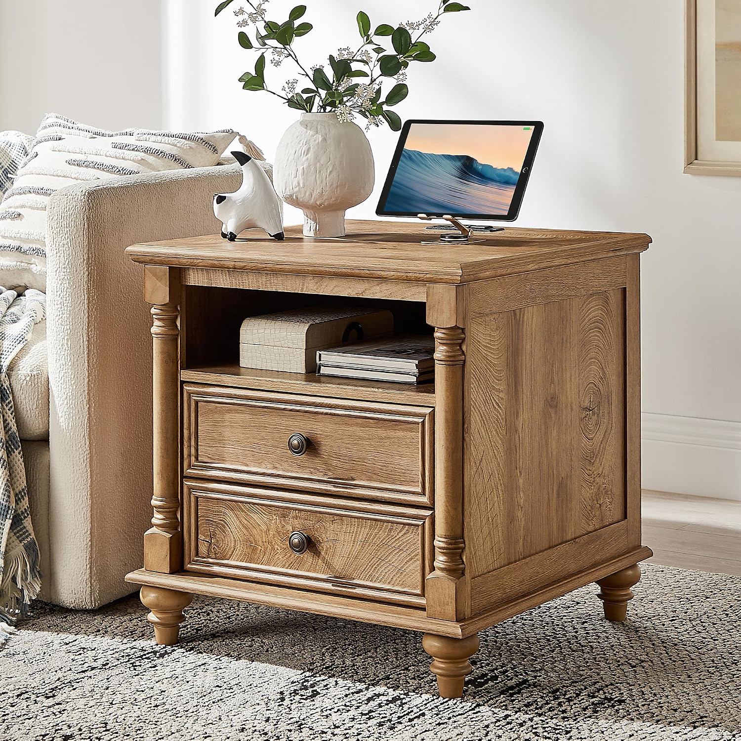 T4TREAM 24'' Farmhouse End Table w/4 Solid Wood Feet, Large 2 Drawers Wide Sofa Side Table with Charging Station, Tall Rustic Wood Square Nightstand for Living Room, Bedroom, Office, Light Tree Knot