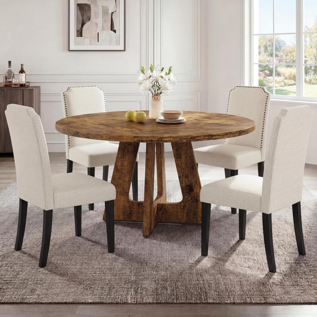 GAOMON 5-Piece 47.24" Round Dining Table Set with 4 Upholstered Dining Chairs, Space-Saving Kitchen Table for 4-6, Compact Dinette Set for Apartment, Living Room, Small Space, Dining Room