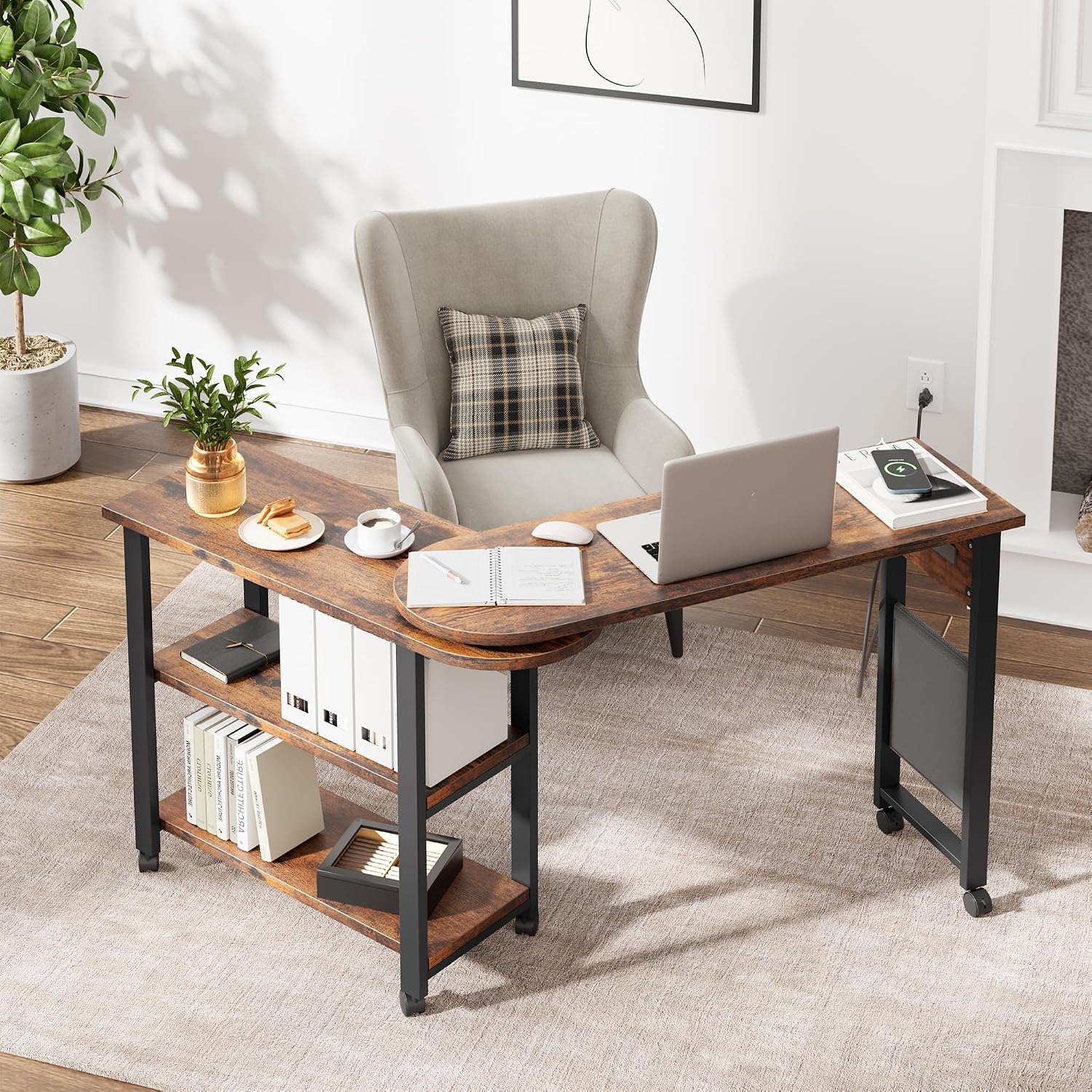 GarveeHome Rotating Side Table 360° End Table with Charging Station Swivel Side Table with Extra Storage Bag Movable End Table with 6 Swivel Wheels with Brakes for Bedroom Living Room