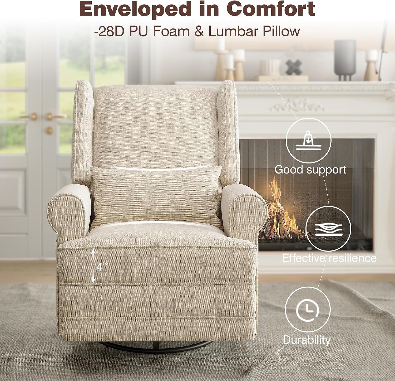 Gecheer Swivel Recliner Chair with Lumbar Pillow and Footrest – Glider Rocking Chair for Nursery, Bedroom or Living Room – Beige Upholstered Swivel Rocker