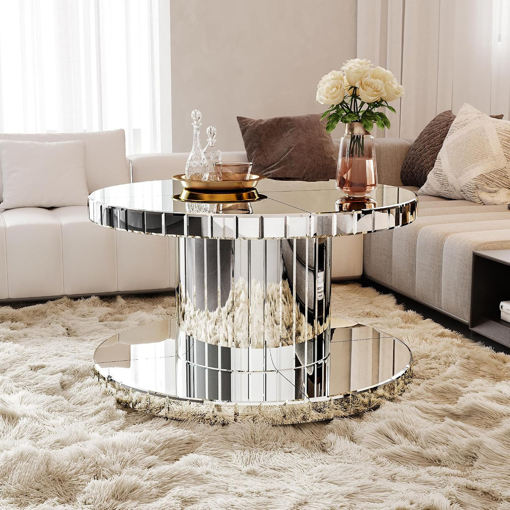 Double Tier Luxury Round Mirror Coffee End Table with Glass 31.5" Diameter Sofa Side Table for Living Room, Light Luxury Design, Sturdy Frame