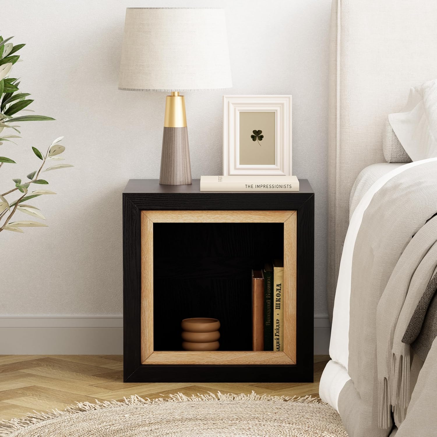 Aoikax Modern Cube End Table with Open Center Shelf, Geometric Wood Side Table with Hollow Storage, Minimalist Nightstand with Rectangular Shape for Living Room, Entryway, Office, Small Spaces, Black