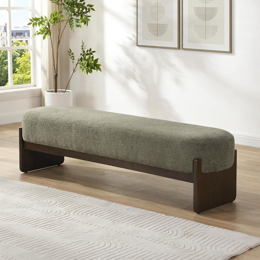 Christopher Knight Home Arden Minimalist Loop Yarn Fabric Dining Bench, Wooden Entryway Ottoman Bench, Modern Living Room Sofa Ottoman Footrest, Bedroom End of Bed Bench, Dark Green+Brown