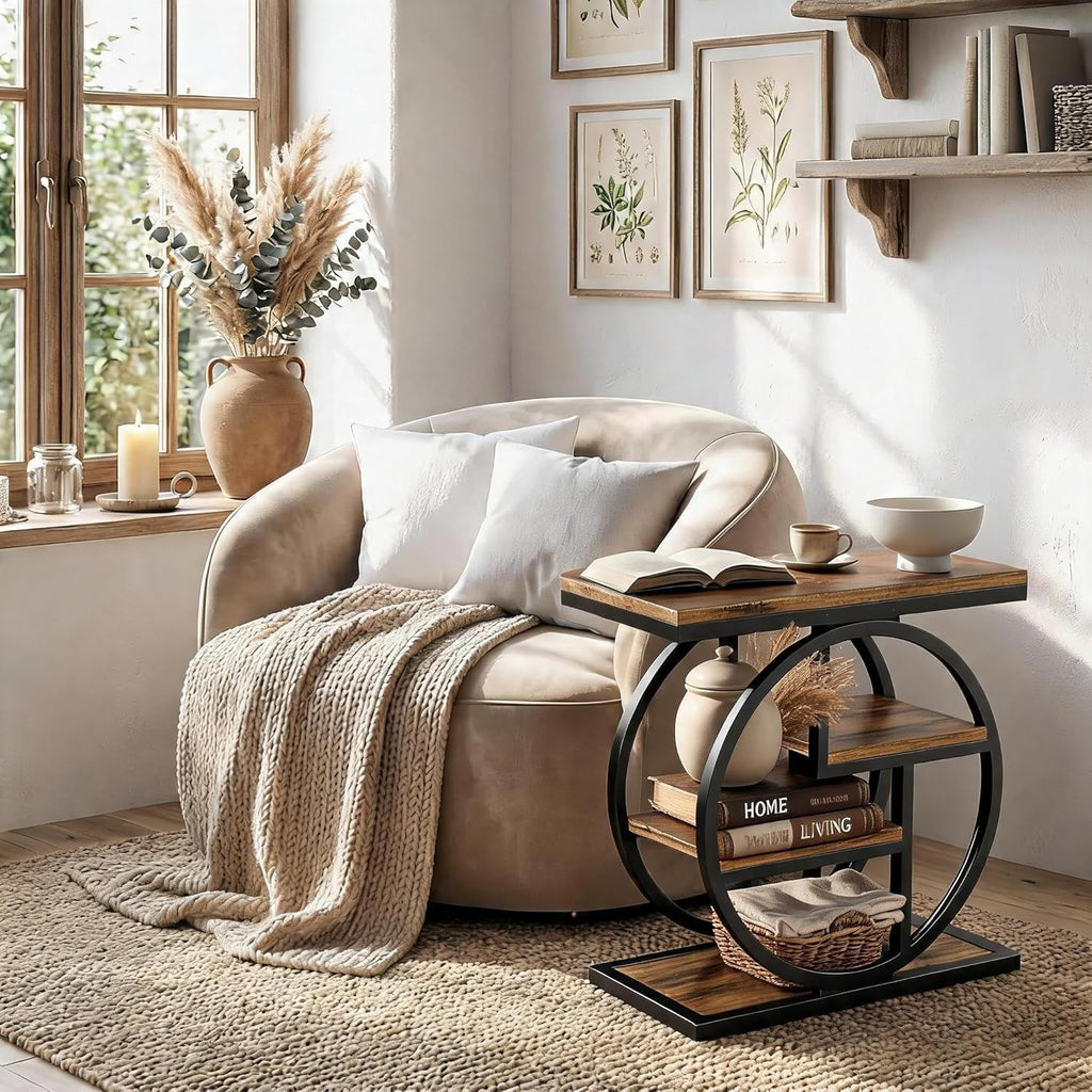 Tribesigns End Table for Living Room, Wooden Narrow Side Table with Storage Shelves & Wide Tabletop, Industrial Geometric Bedside Sofa Tables with Metal Frame for Bedroom, Small Spaces, Rustic Brown