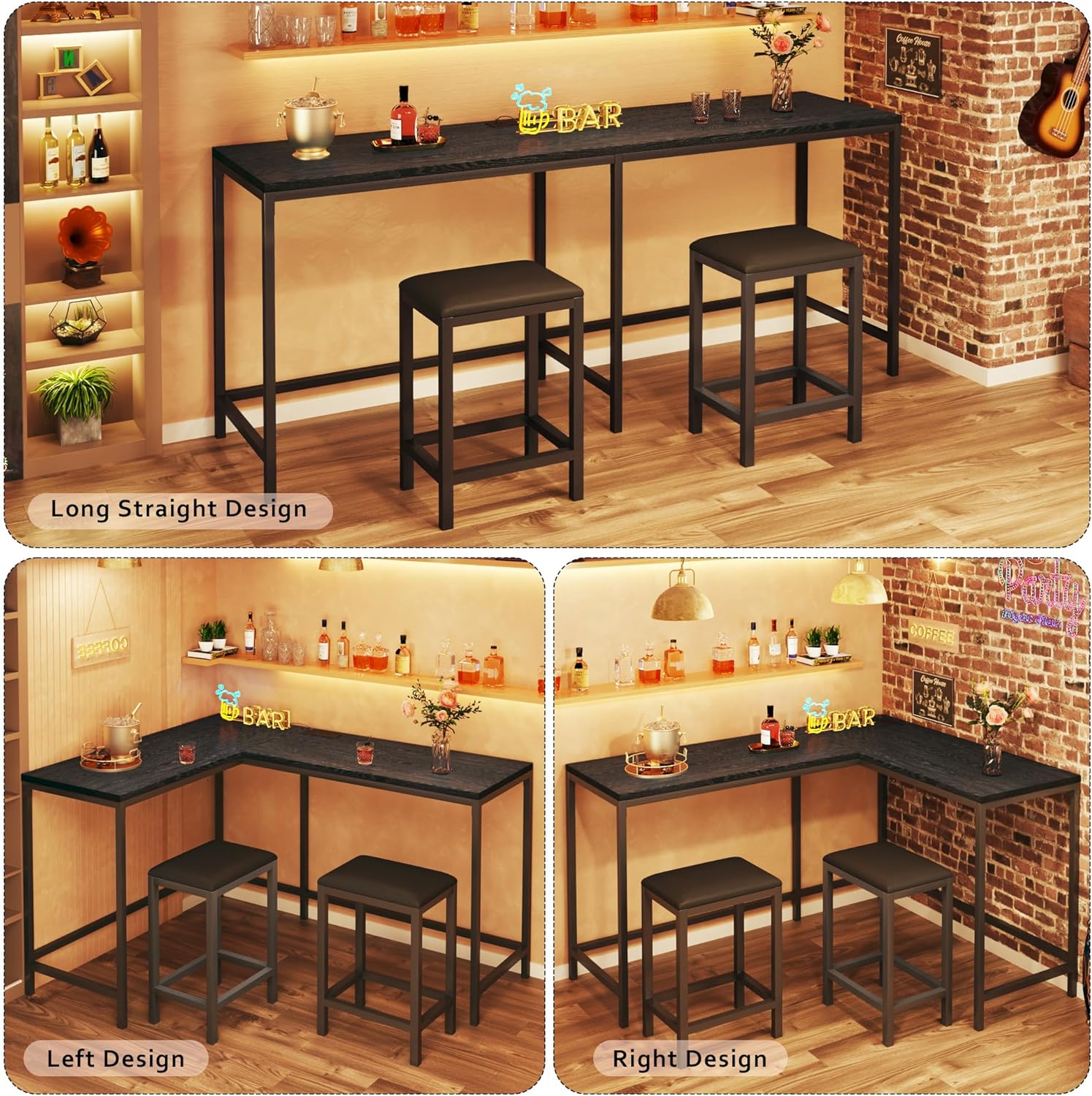 HUAHUU Bar Table and Chairs Set for 2-4, 63'' Convertible L-Shaped Kitchen Table with Power Outlets, 3 Piece Counter Height Small Dining Table with 2 Stools, Space Saving, Breakfast Nook Corner, Black