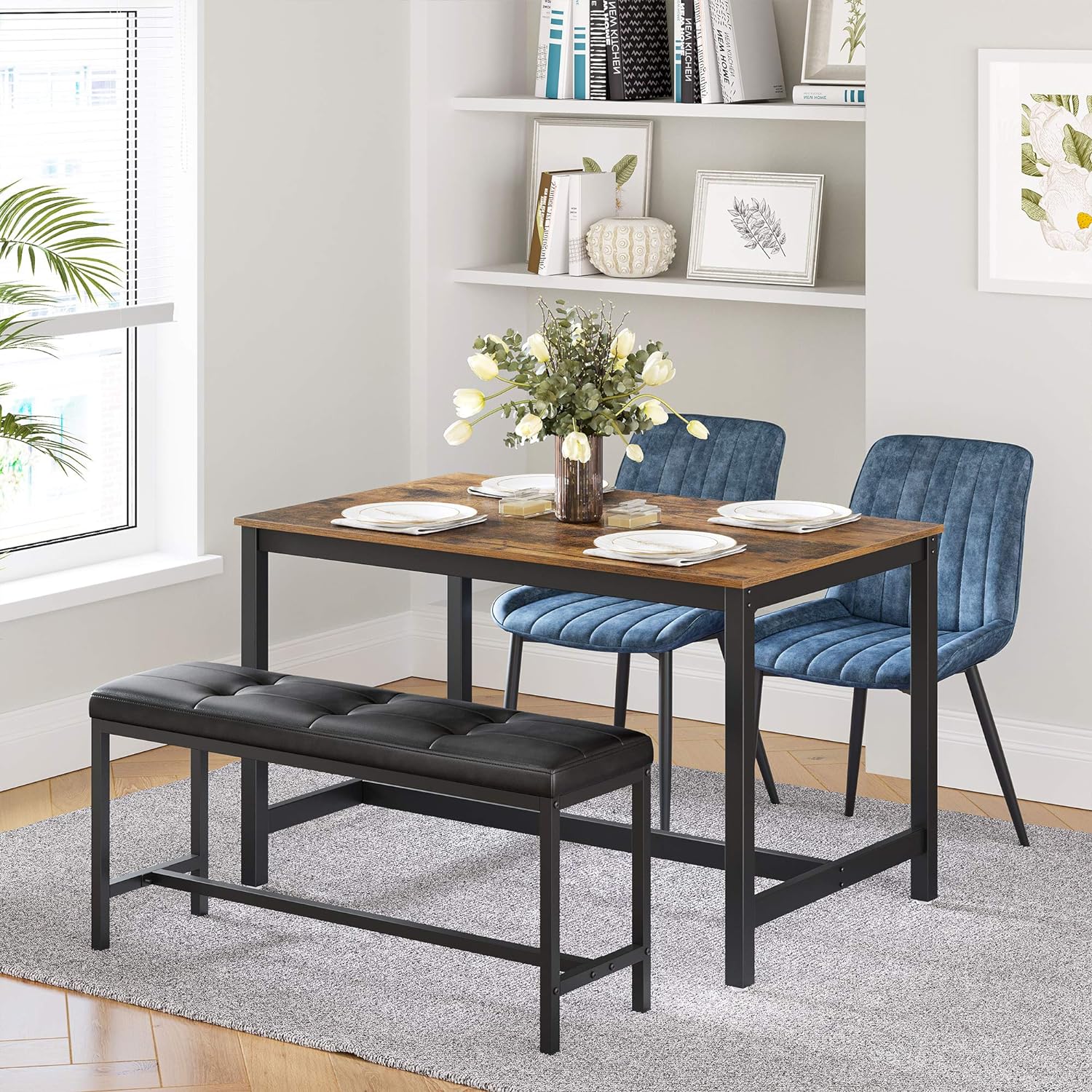 VASAGLE Dining Table Bench, Ottoman Bench with PU Leather Padded Seat, Steel Frame, 42.5 x 12.8 x 18.9 Inches, for Dining Room, Living Room, Hallway, Bedroom, Black UKTB034B81