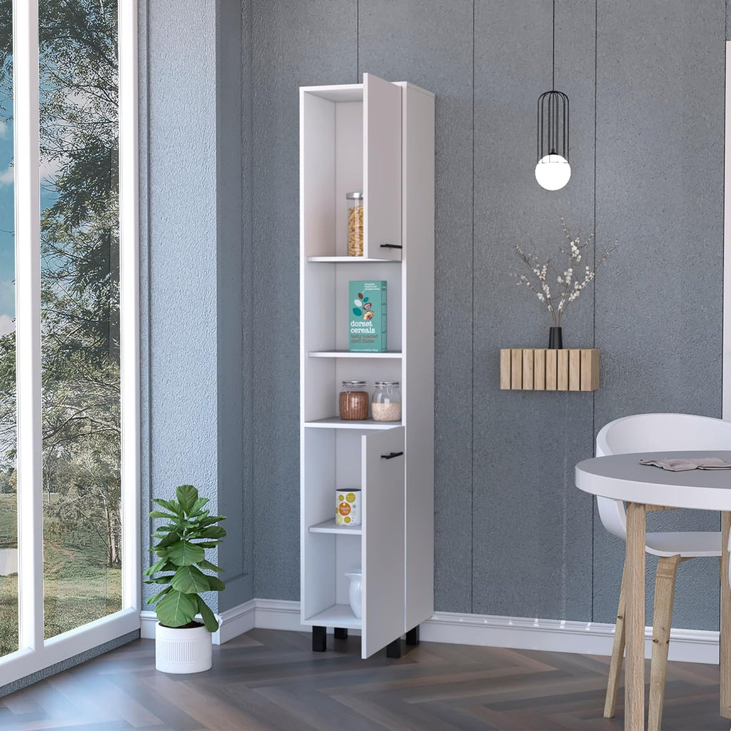 15.7" D*15.7" W*79.5" H Corner Freestanding Kitchen Pantry with 2 Shelves, 2 Single Doors, Rectangular Storage Cabinet, Modern Minimalist, for Living Room, Dining Room, White