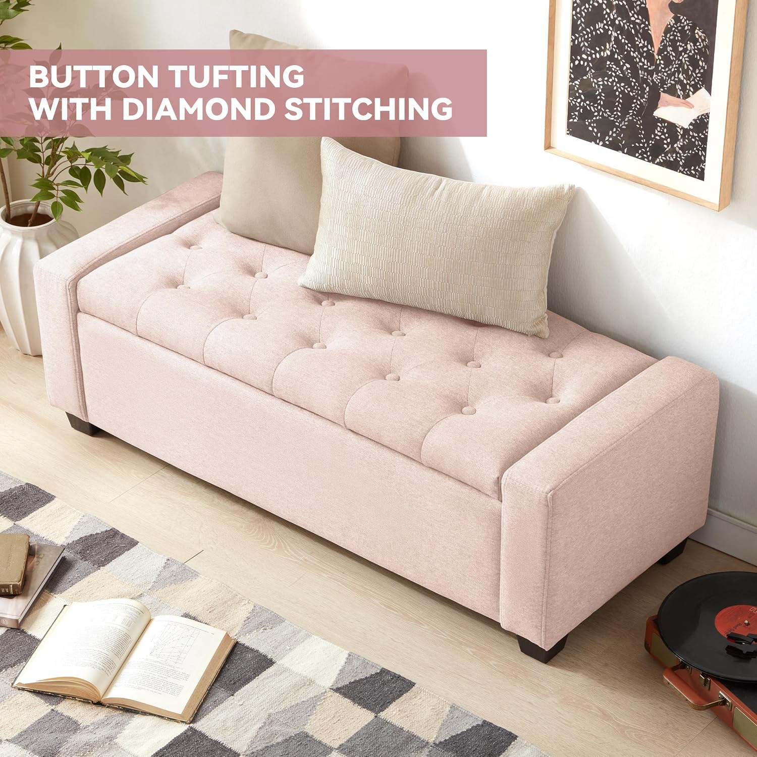 Mangodan 48" Ottoman with Storage, Soft Storage Ottoman Bench for Bedroom, Tufted Upholstered Window Benches, End of Bed Bench for Living Room, Entryway Bench with Seating, Foot Rest, Pink