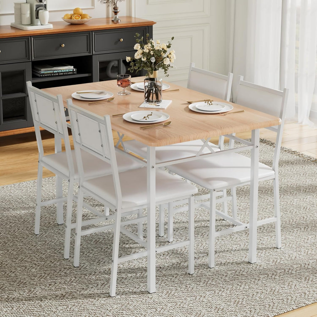 VECELO Dining Table Set for 4 with Chairs, 5-Piece Kitchen Table and Upholstered Padded Chairs Set for Small Space, Dining Room, Apartment, Natural White