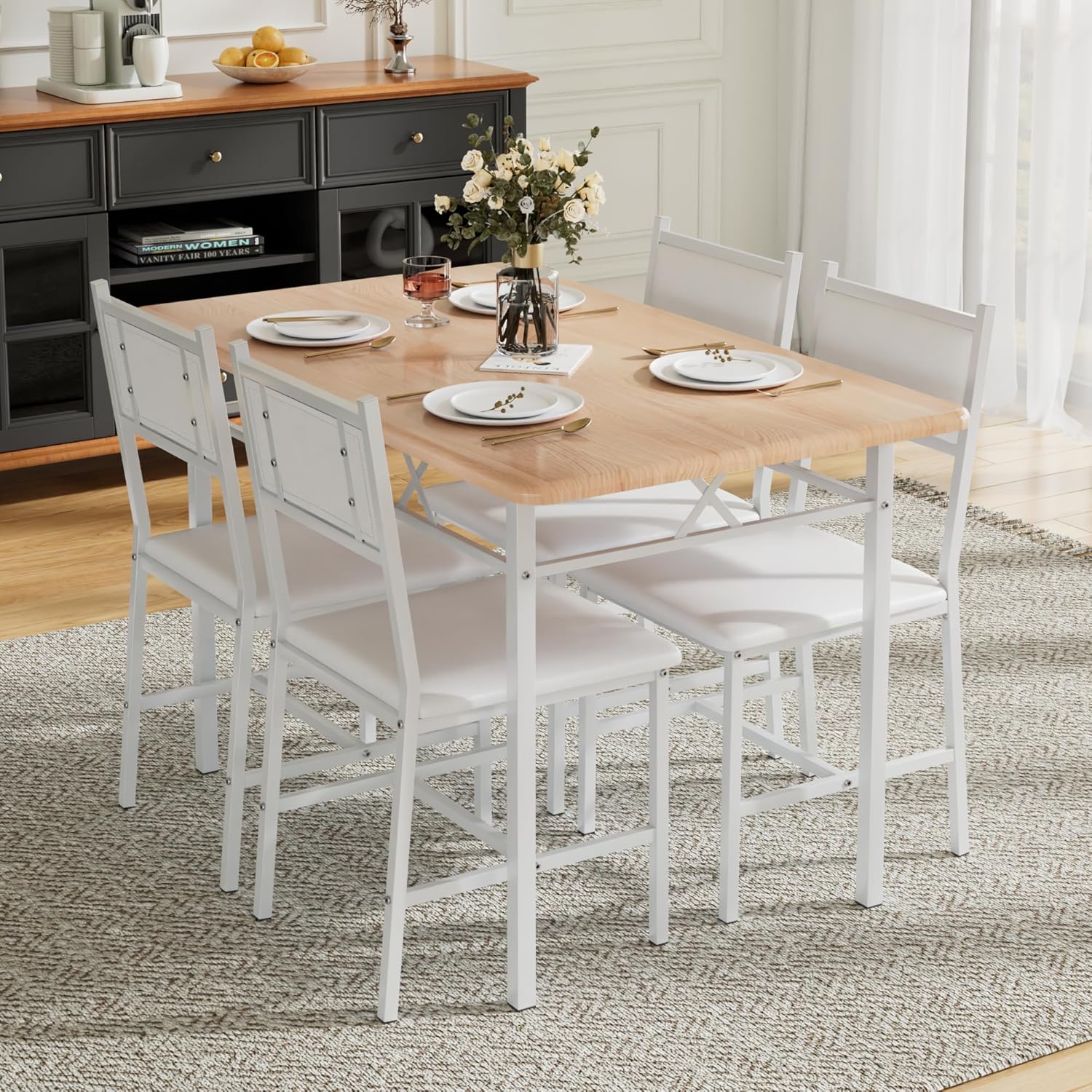 VECELO Dining Table Set for 4 with Chairs, 5-Piece Kitchen Table and Upholstered Padded Chairs Set for Small Space, Dining Room, Apartment, Natural White