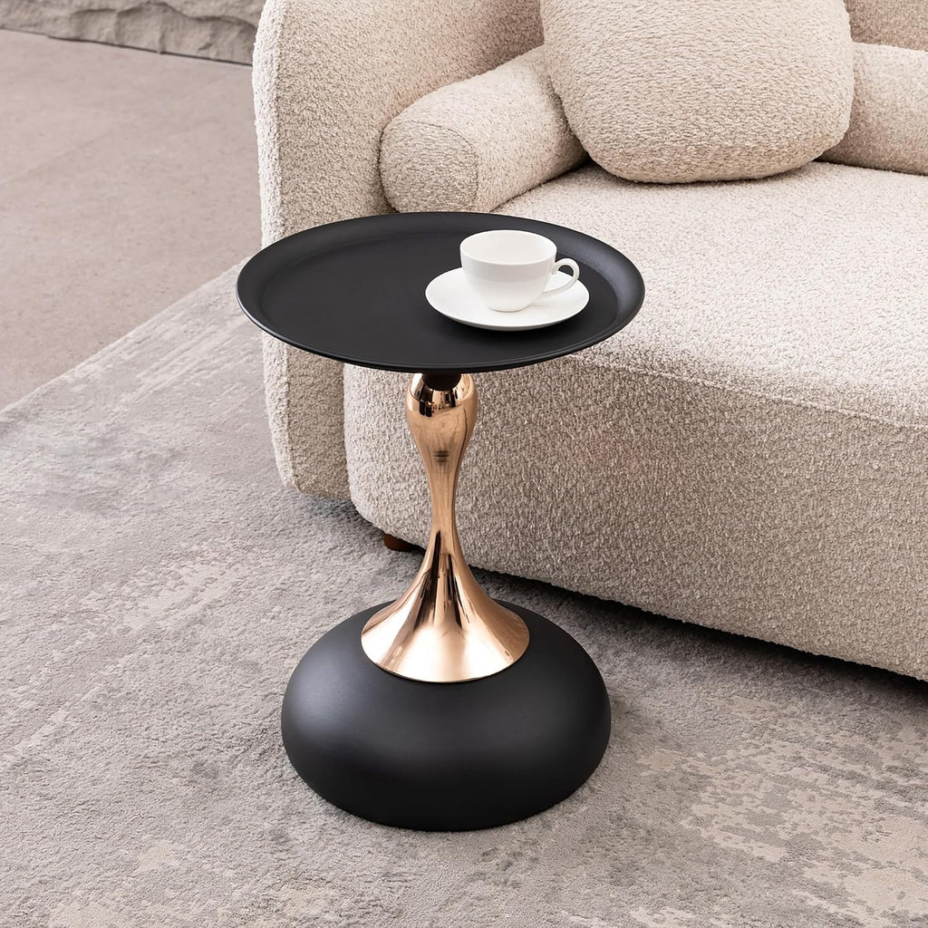 15.7" Round Side Table Gold Metal Pedestal, Hourglass Mermaid Tail Art Deco End Table, Modern Minimalist Accent Drink Martini Table for Small Spaces, Living Room Apartment Cafe (Black)